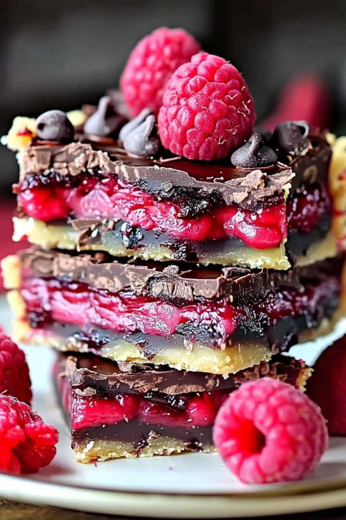 Dark chocolate raspberry pie bar batter spread in baking pan before oven