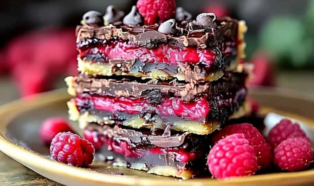 Dark chocolate raspberry pie bar batter spread in baking pan before oven