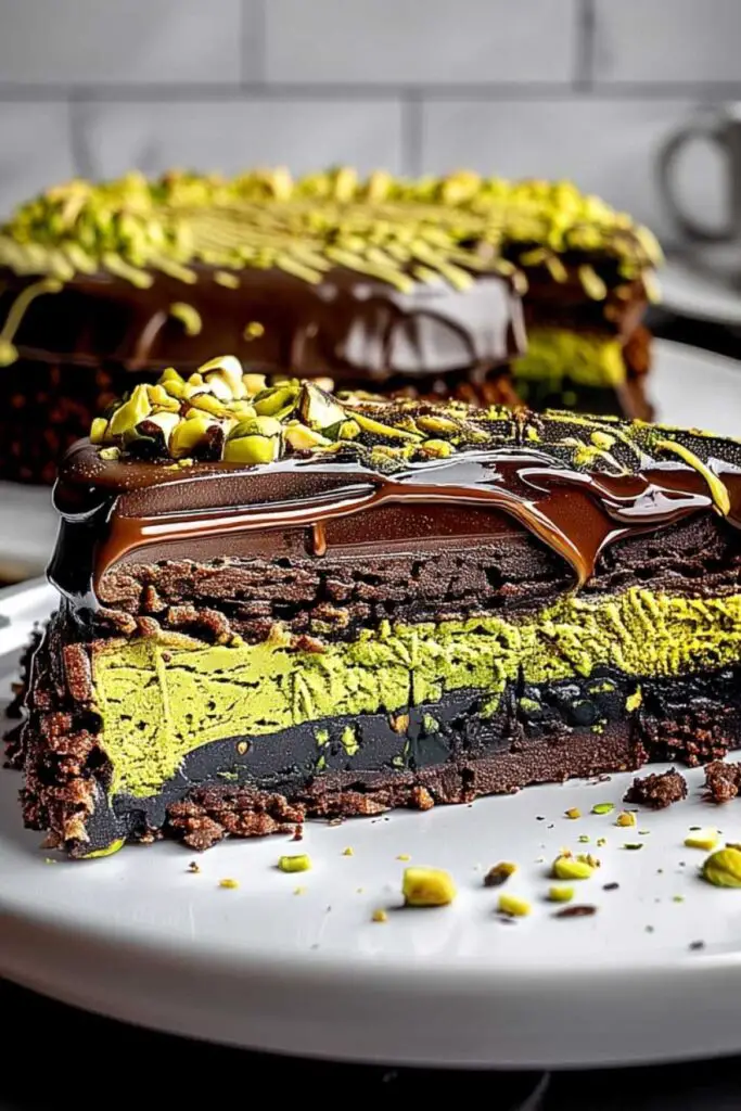 Dubai chocolate cake with pistachio filling and ganache topping on white plate