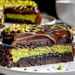 Dubai chocolate cake being assembled with pistachio layer and chocolate ganache