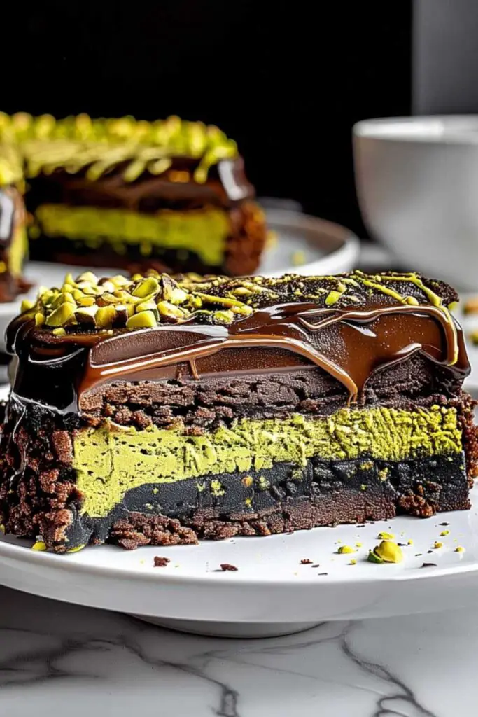 Dubai chocolate cake being assembled with pistachio layer and chocolate ganache