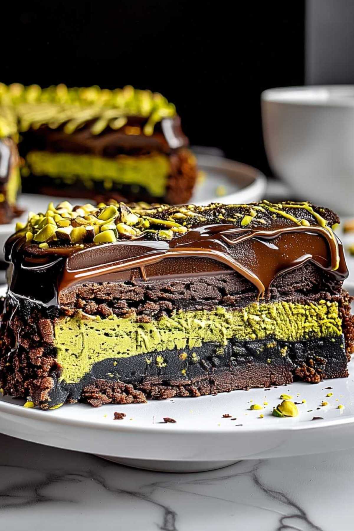 Dubai chocolate cake being assembled with pistachio layer and chocolate ganache