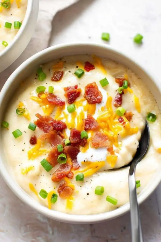 Baked potato soup ingredients including russet potatoes bacon cheese and milk