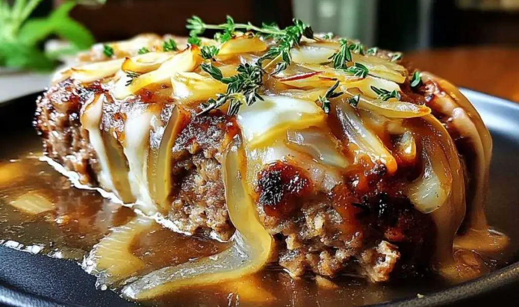 French onion meatloaf shaped and ready to bake with caramelized onions and cheese