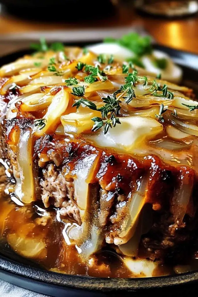 Caramelized onions cooking in skillet for French onion meatloaf recipe