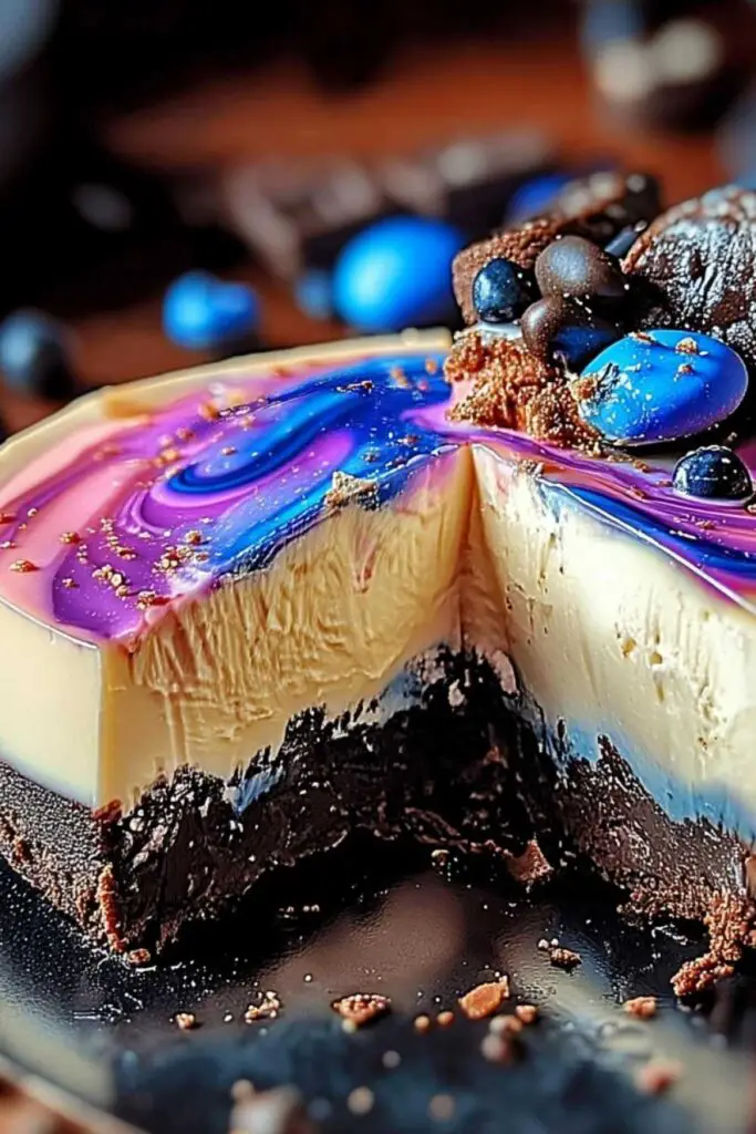 Galaxy Cookie Cheesecake slice showing creamy chocolate layers and cookie base