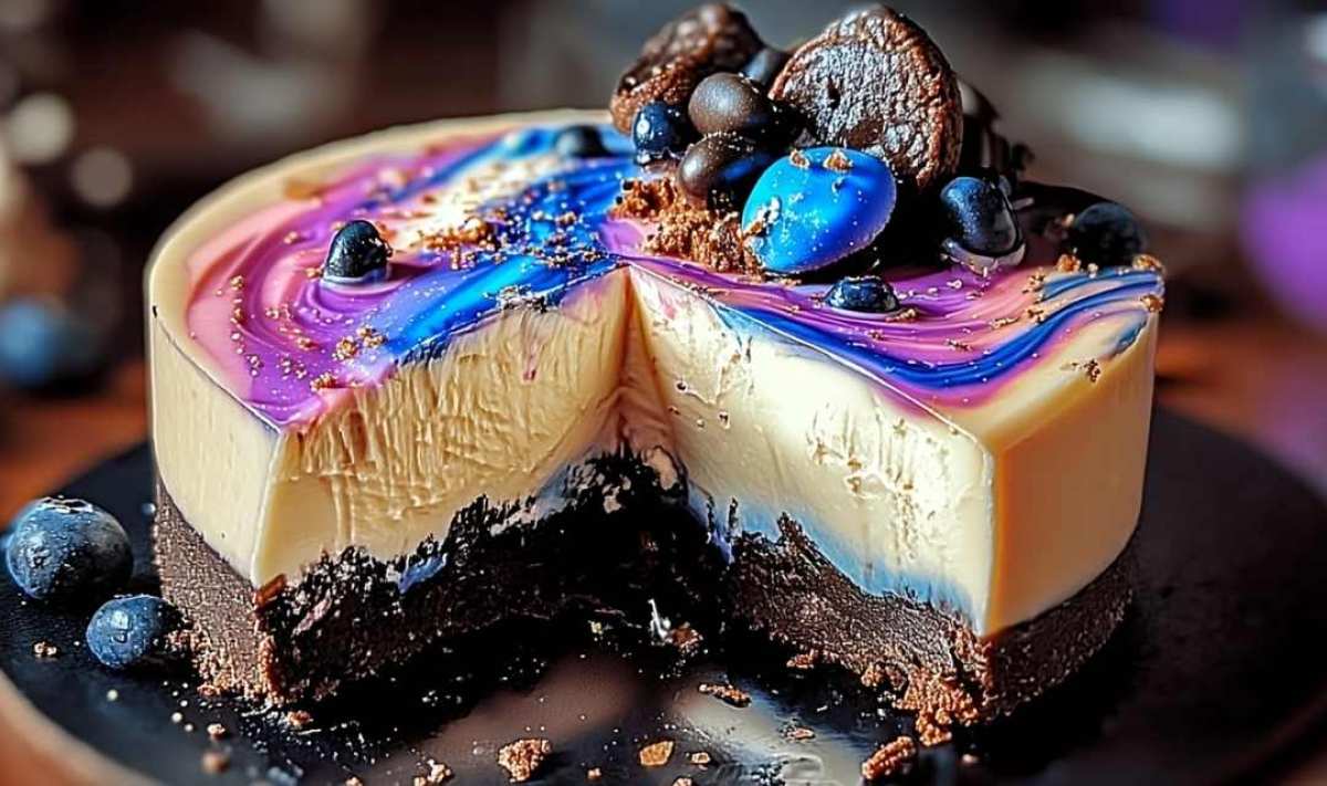 Mixing Galaxy Cookie Cheesecake filling with melted chocolate and whipped cream
