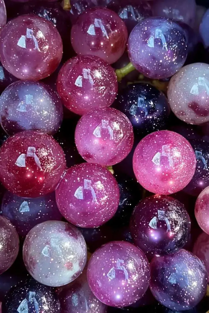 Galaxy grapes being dipped in colorful candy coating with sparkles
