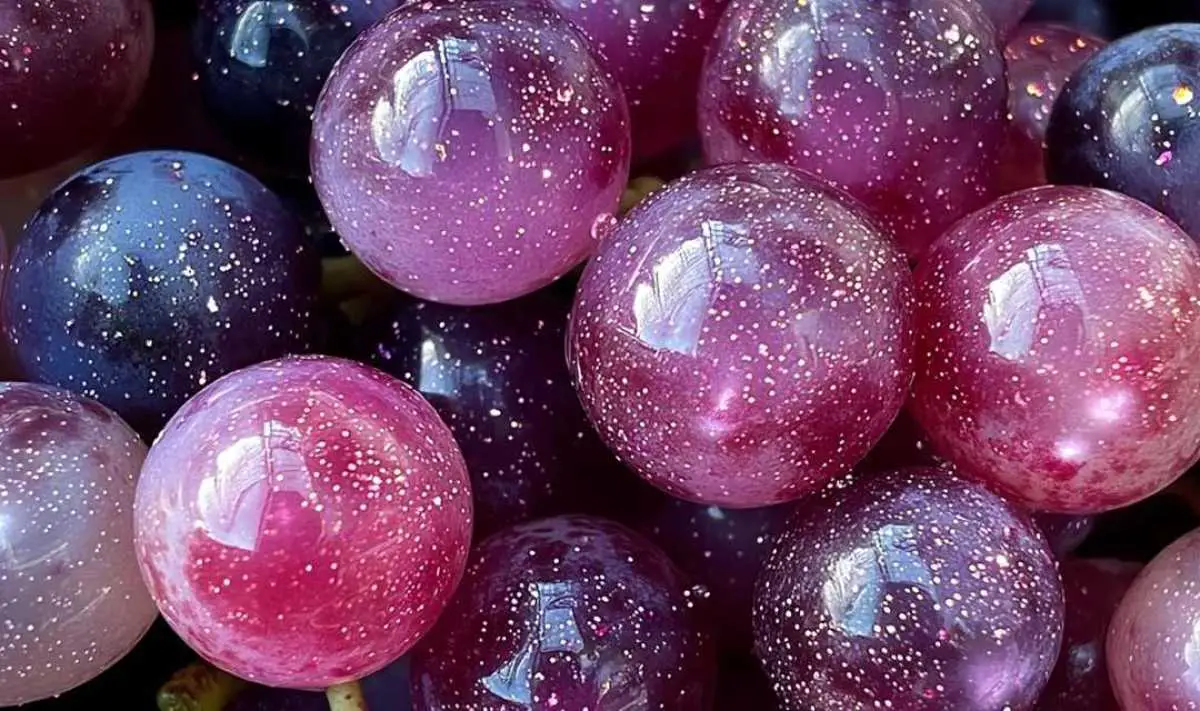 Finished galaxy grapes with cosmic colors and edible glitter on white plate