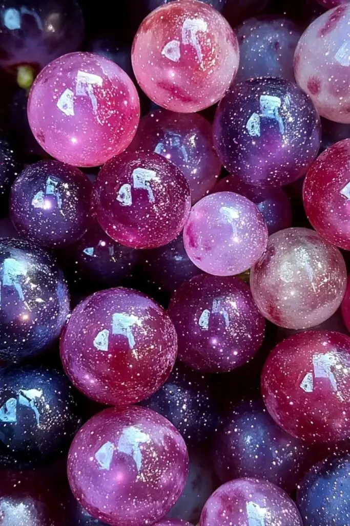 Close up of galaxy grapes showing candy coating texture and sparkles