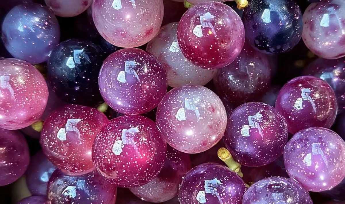 Close up of galaxy grapes showing candy coating texture and sparkles