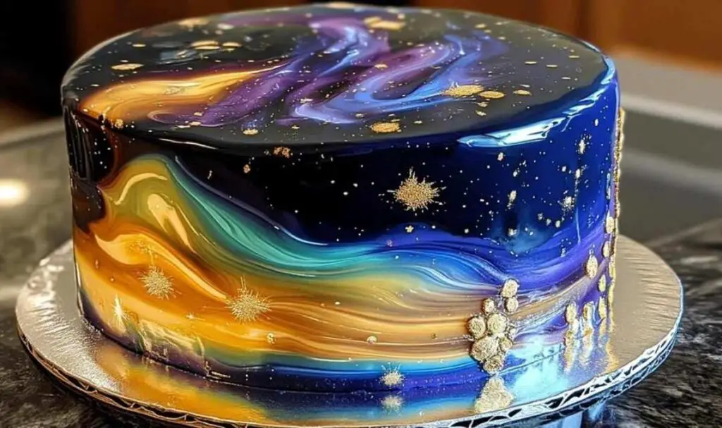 Galaxy Mirror Cake with cosmic swirls and glossy mirror glaze finish on white cake stand