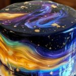 Pouring colorful mirror glaze over chilled cake layers for Galaxy Mirror Cake recipe