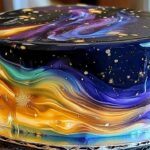 Close up of galaxy effects with edible glitter and cosmic colors on mirror glazed cake
