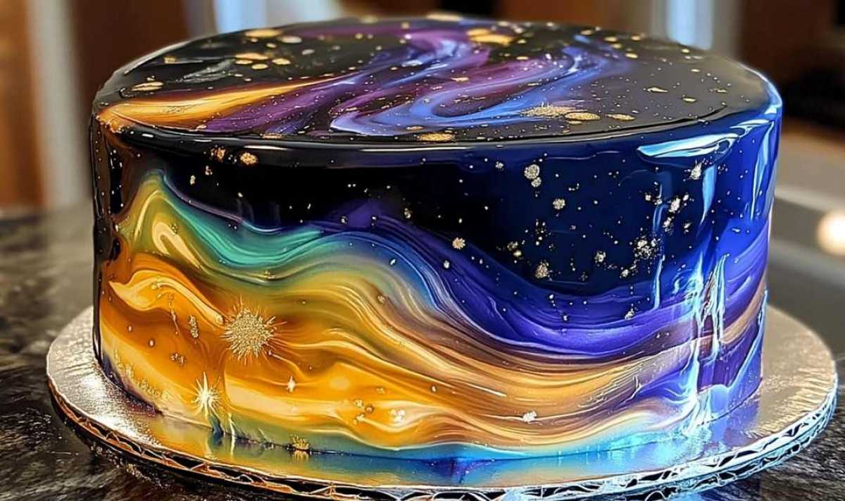 Close up of galaxy effects with edible glitter and cosmic colors on mirror glazed cake