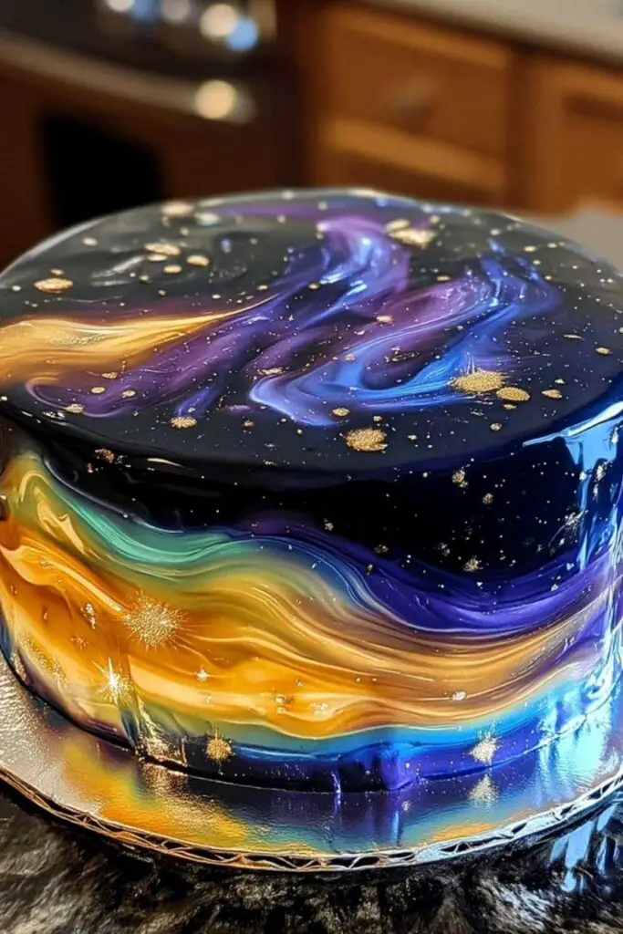 Close up of galaxy effects with edible glitter and cosmic colors on mirror glazed cake
