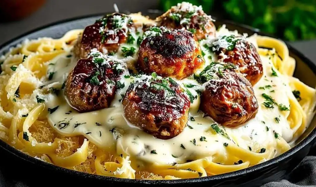 Browning meatballs in skillet for garlic butter meatballs linguine recipe