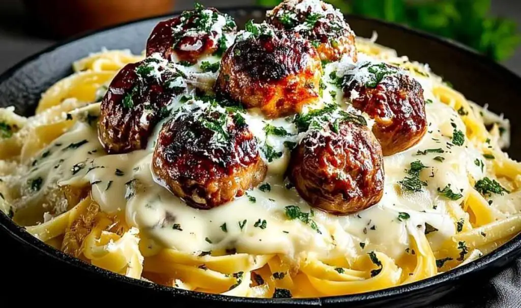 Fresh ingredients for garlic butter meatballs linguine including ground meat, herbs, and pasta