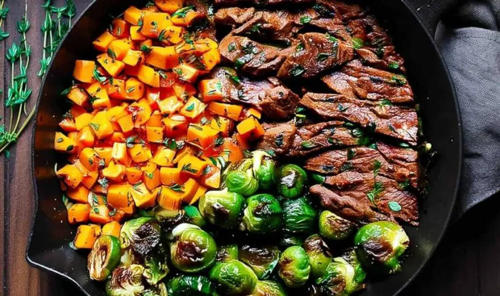 Fresh ingredients for garlic butter steak Brussels sprouts butternut squash recipe
