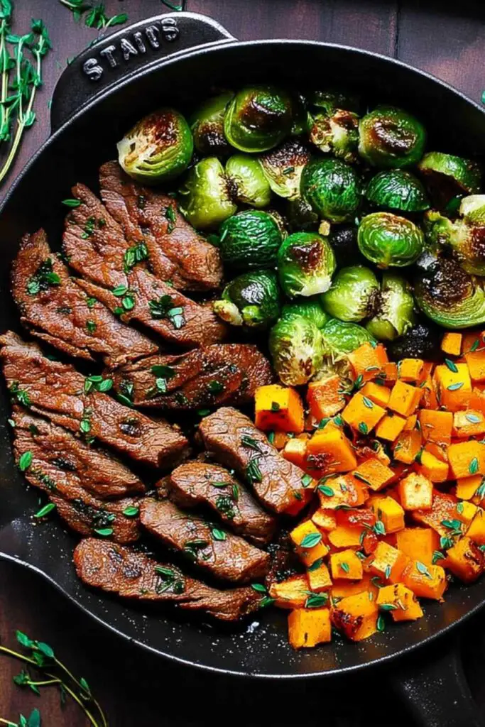 Fresh ingredients for garlic butter steak Brussels sprouts butternut squash recipe
