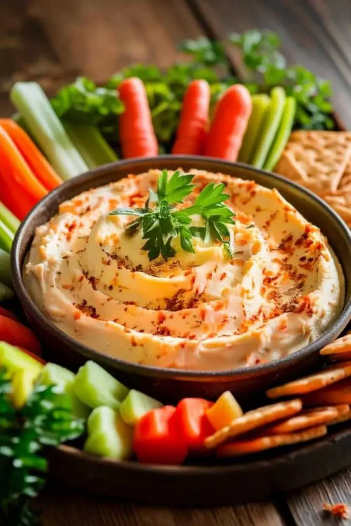 Creamy garlic parmesan cheese dip bubbling in white ceramic dish with crackers