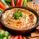 Garlic parmesan cheese dip served warm with crackers vegetables and breadsticks
