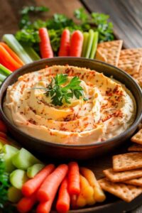 Garlic parmesan cheese dip served warm with crackers vegetables and breadsticks