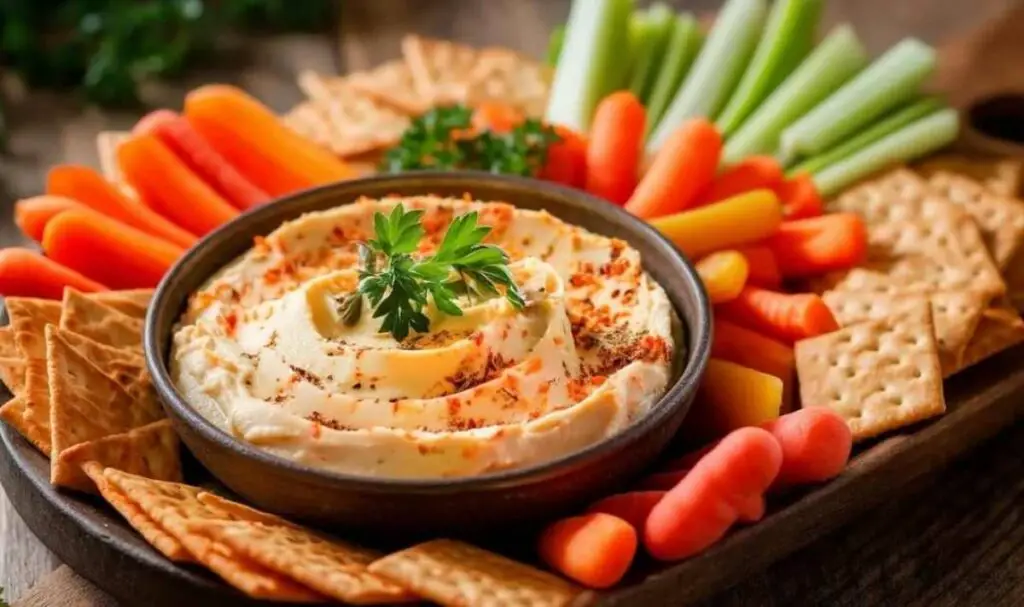 Garlic parmesan cheese dip served warm with crackers vegetables and breadsticks