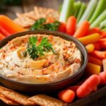 Garlic parmesan cheese dip served warm with crackers vegetables and breadsticks