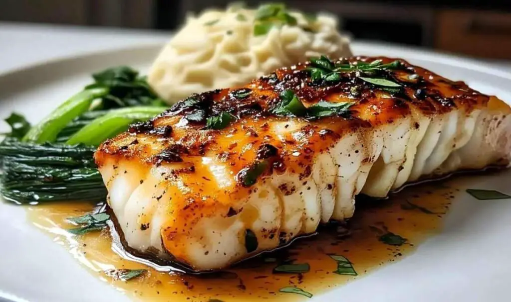 Ginger soy glazed cod fillet on white plate garnished with green onions and sesame seeds
