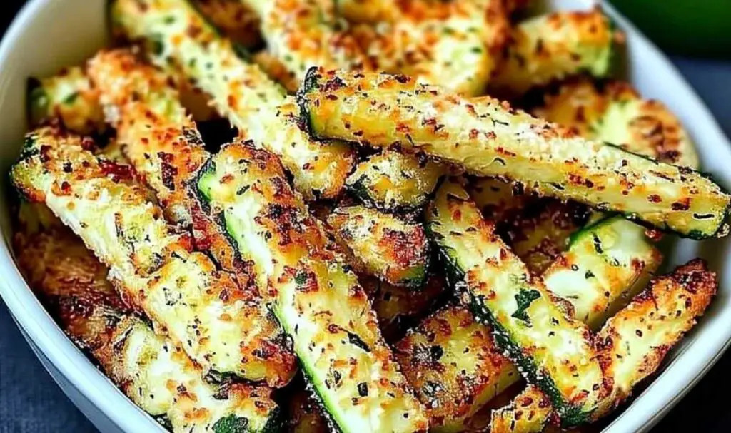 Golden crispy healthy air fryer zucchini fries served with dipping sauce