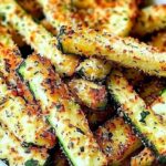 Golden crispy healthy air fryer zucchini fries served with dipping sauce