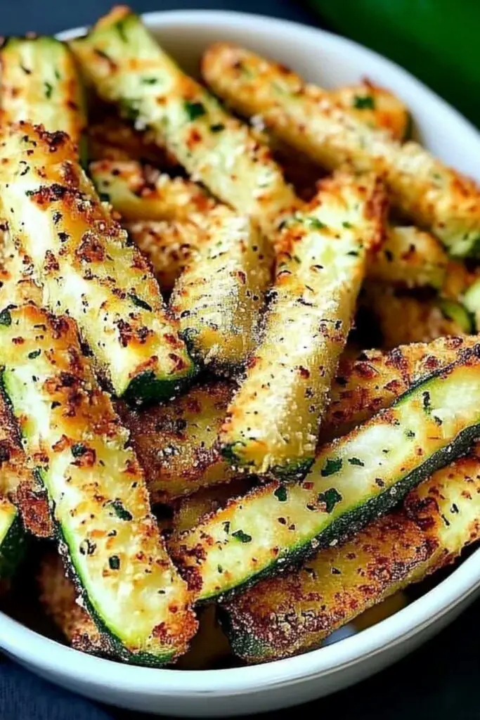 Golden crispy healthy air fryer zucchini fries served with dipping sauce
