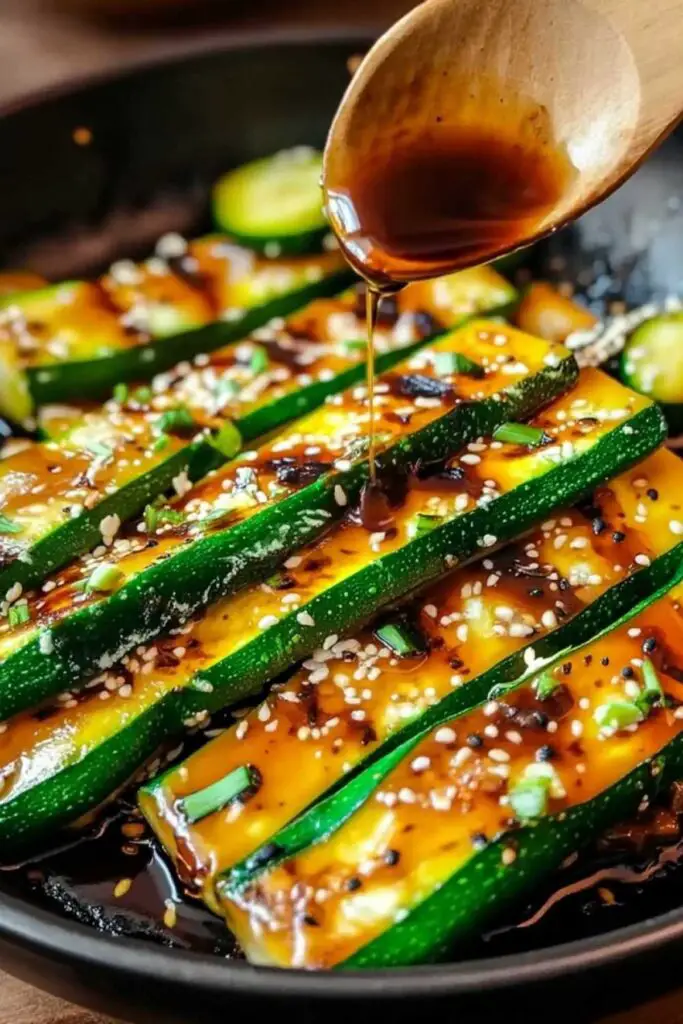 Fresh zucchini slices with soy sauce sesame oil and seasonings for hibachi recipe