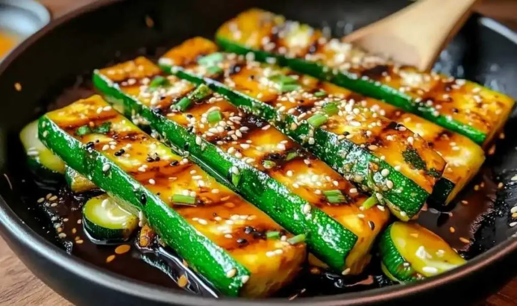 Fresh zucchini slices with soy sauce sesame oil and seasonings for hibachi recipe