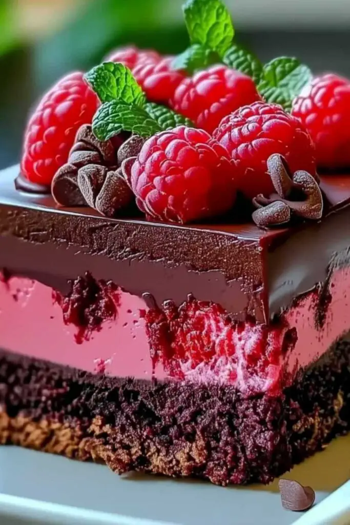 Slice of indulgent raspberry chocolate mousse cake delight showing five distinct layers on white plate