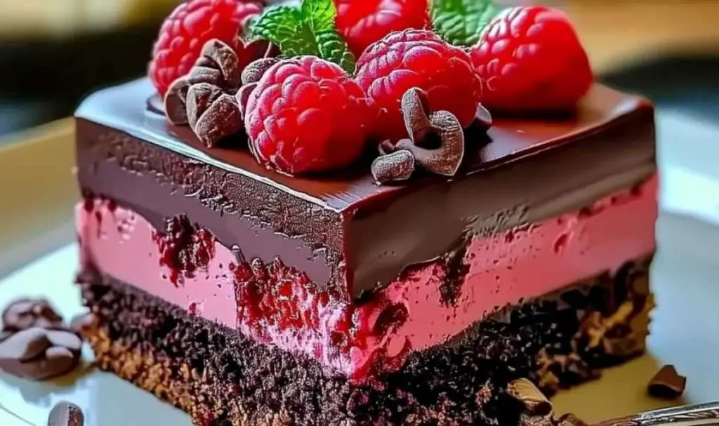 Step-by-step assembly of raspberry chocolate mousse cake showing mousse being spread between layers