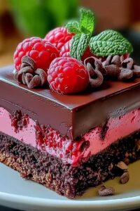 Chocolate ganache being poured over raspberry chocolate mousse cake creating glossy finish