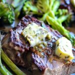 Ingredients for keto steak and veggies sheet pan including raw sirloin, fresh broccoli, and asparagus