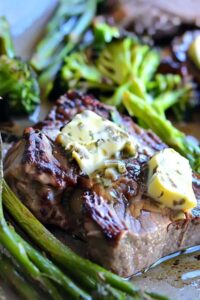 Ingredients for keto steak and veggies sheet pan including raw sirloin, fresh broccoli, and asparagus