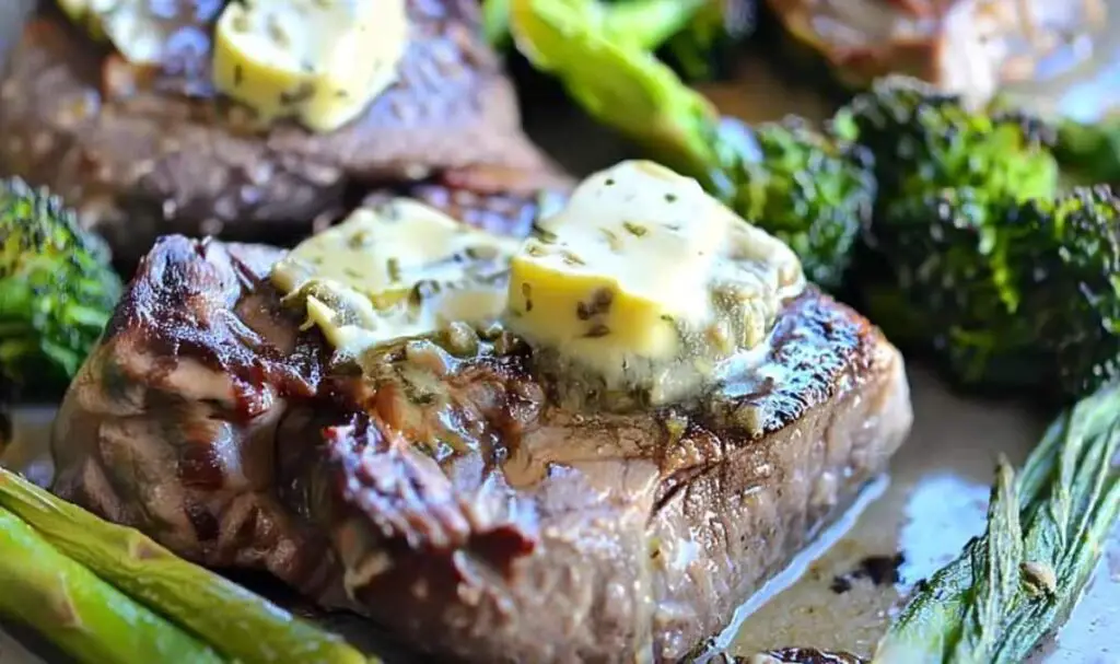 Sliced keto steak topped with rosemary caper butter from sheet pan dinner