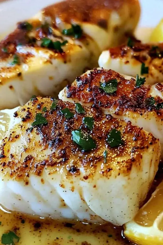 Golden baked lemon butter fish fillet garnished with fresh parsley on white plate
