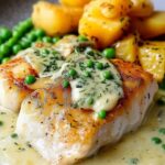 Lemon butter sea bream with crispy skin in creamy garlic sauce on white plate
