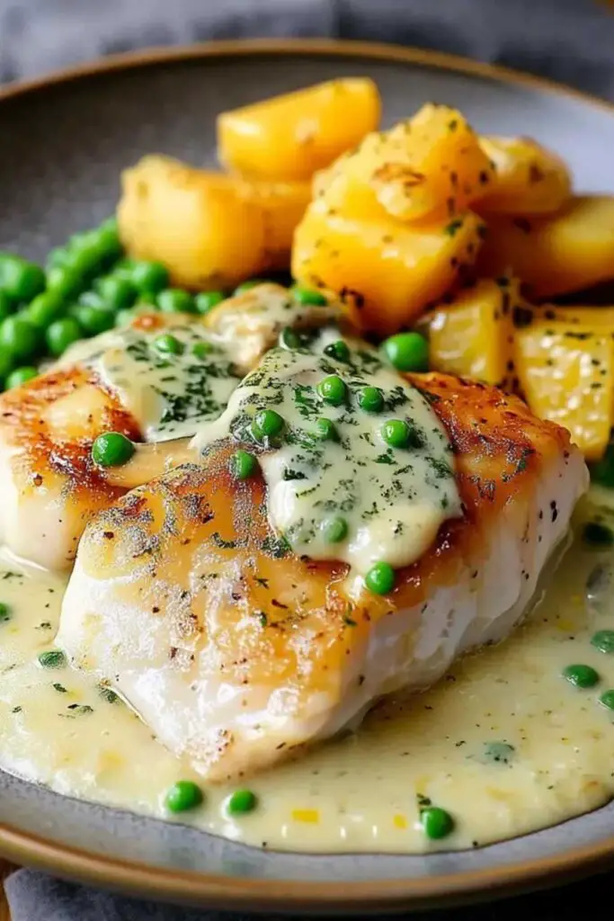  Lemon butter sea bream with crispy skin in creamy garlic sauce on white plate