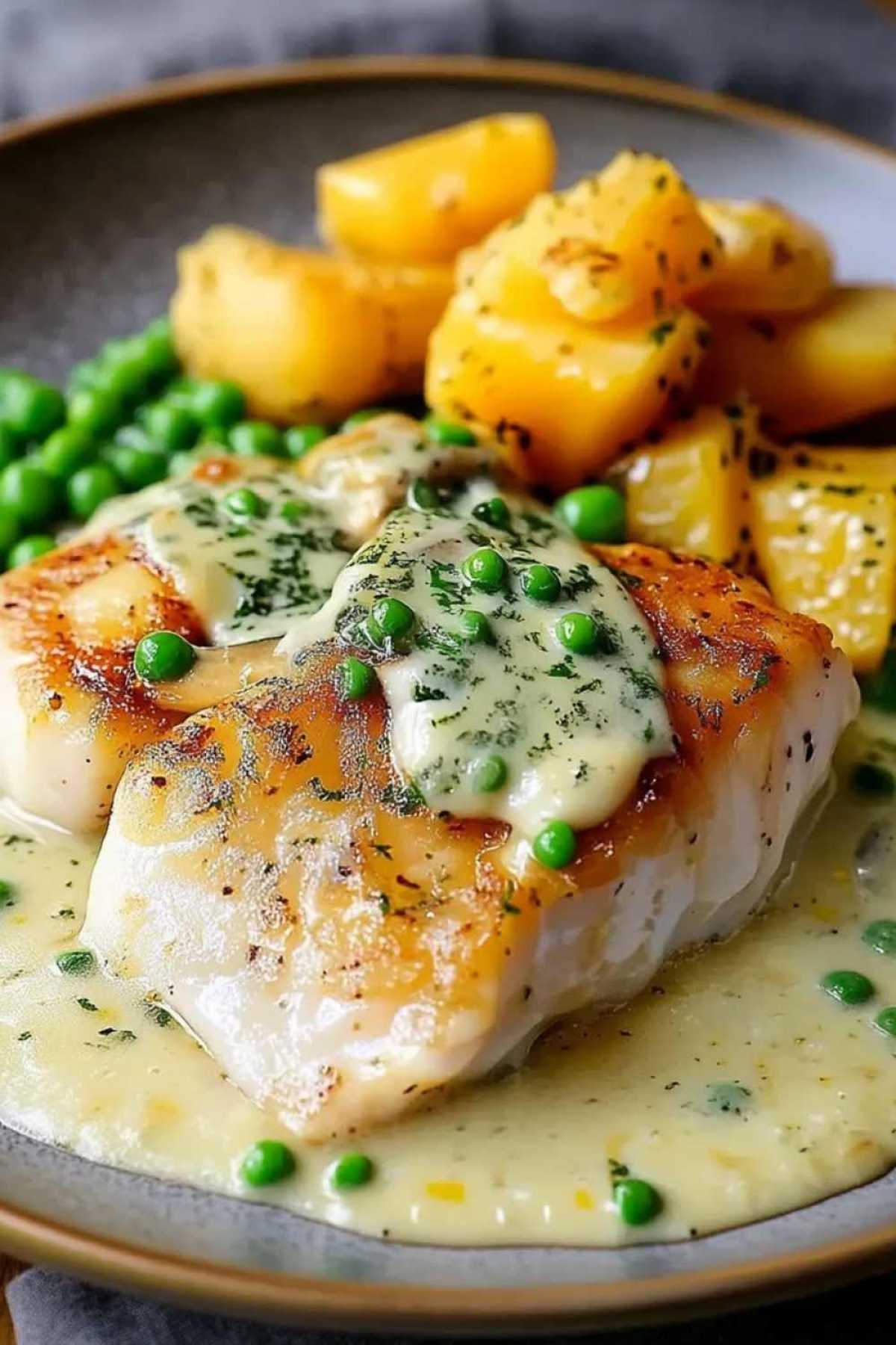 Lemon butter sea bream with crispy skin in creamy garlic sauce on white plate