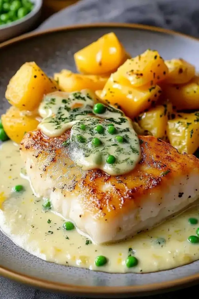 Pan-frying sea bream fillets in skillet with butter and garlic for lemon butter recipe