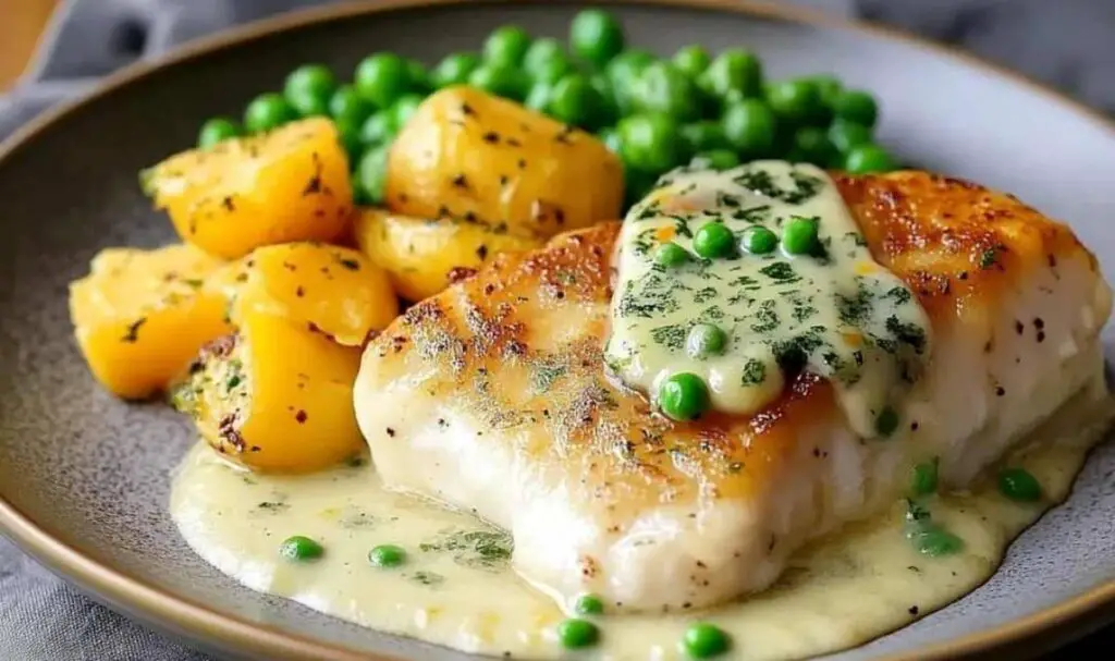 Lemon butter sea bream served with mashed potatoes and green peas on dinner plate
