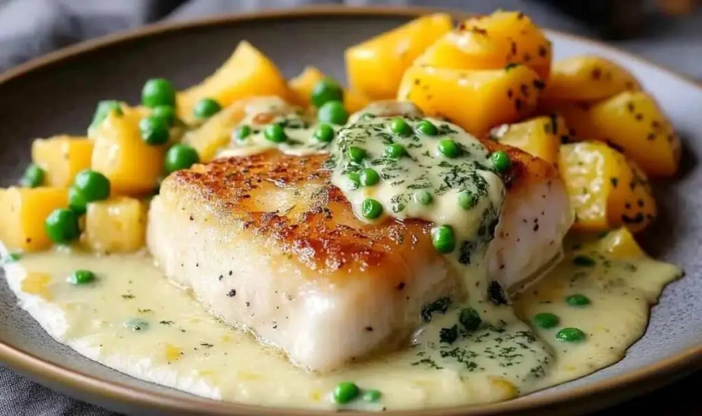 Lemon butter sea bream served with mashed potatoes and green peas on dinner plate