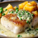 Lemon butter sea bream served with mashed potatoes and green peas on dinner plate