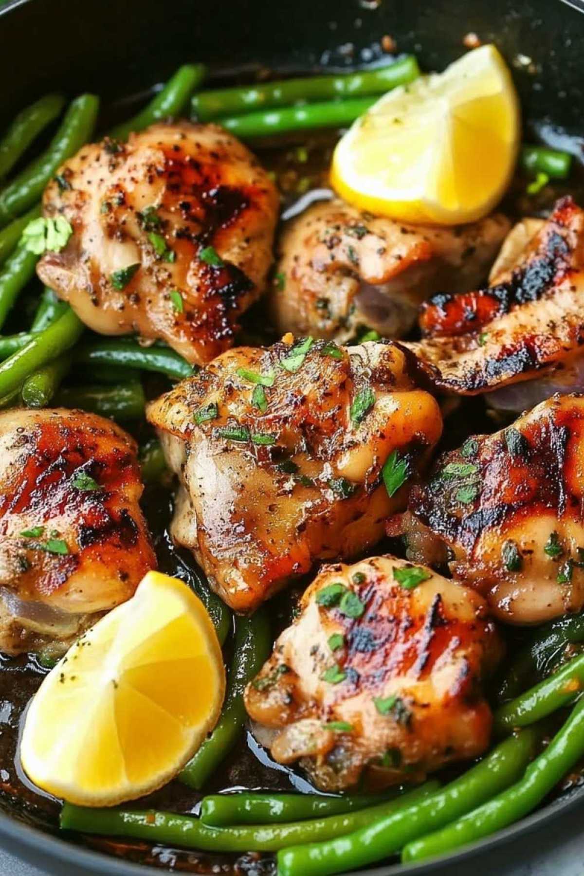 Chicken thighs searing in cast iron skillet for lemon garlic butter recipe